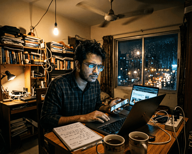 Young Bangladeshi man at his desk at night cross-checking news on a laptop and phone — representing the everyday effort of verifying information in Bangladesh's high-misinformation digital environment