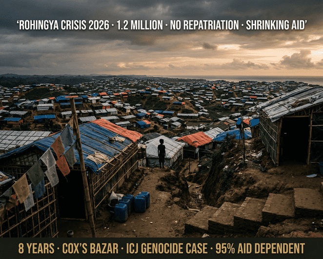 Nearly 1.2 million Rohingya refugees live in Cox's Bazar, Bangladesh — the world's largest refugee settlement — eight years after the 2017 exodus with no repatriation pathway and shrinking internation