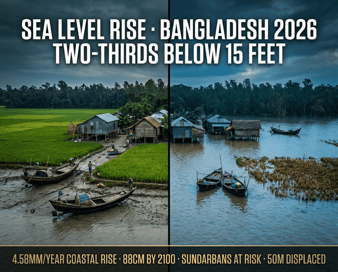 Two-thirds of Bangladesh sits below 15 feet above sea level as coastal sea levels rise at 4.58mm per year — faster than the global average — driven by ocean rise and land subsidence.