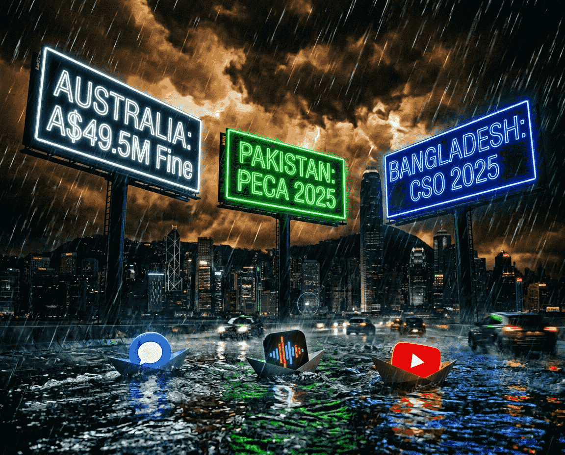 Regional digital platform regulation 2026: Australia A$49.5M social media fine, Pakistan PECA Amendment 2025 SMPRA, Bangladesh Cyber Security Ordinance — Facebook TikTok YouTube laws compared.