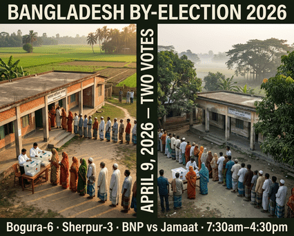 বাংলাদেশ উপনির্বাচন ৯ এপ্রিল ২০২৬: বগুড়া-৬ ও শেরপুর-৩ ভোট সকাল ৭:৩০ থেকে বিকাল ৪:৩০। উভয় আসনে BNP বনাম জামায়াত, মোট ছয় প্রার্থী।