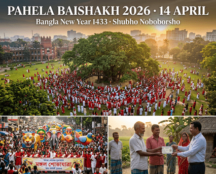 পহেলা বৈশাখ ২০২৬ বাংলাদেশ: ১৪ এপ্রিল, বাংলা নববর্ষ ১৪৩৩। আনন্দ শোভাযাত্রা, রমনার ভোরের অনুষ্ঠান, কৃষক কার্ড উদ্বোধন।