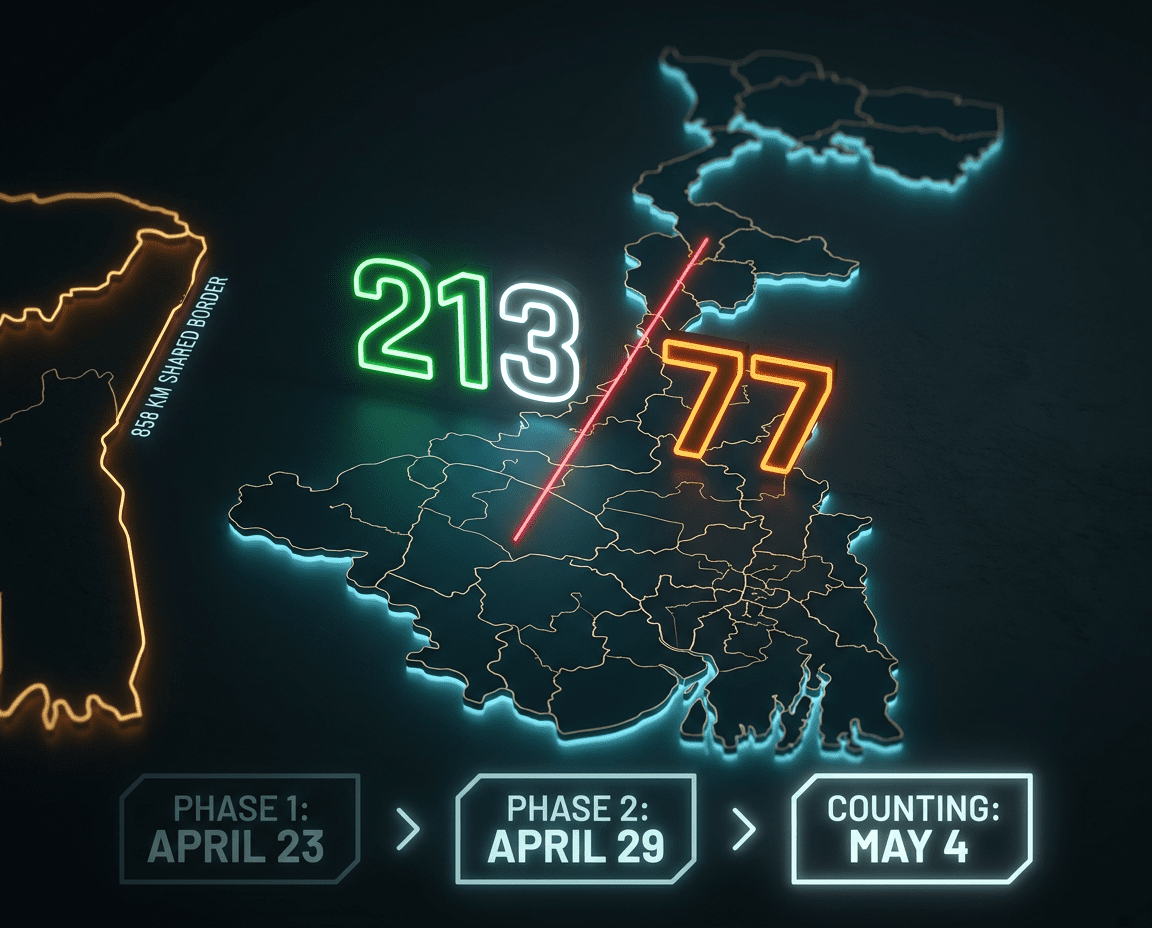 West Bengal election 2026: Phase 1 April 23, Phase 2 April 29, counting May 4. TMC vs BJP in 294 seats. 858km Bangladesh border, Pakistan Kolkata threat as live campaign issue.