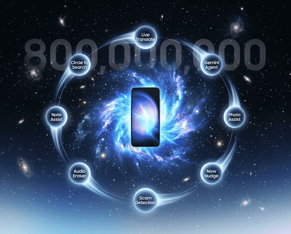 Samsung Galaxy AI 2026: 800M Gemini-powered devices. Features include Circle to Search, Live Translate, Gemini agentic tasks, Scam Detection on Galaxy S26, S24, and A-series phones.