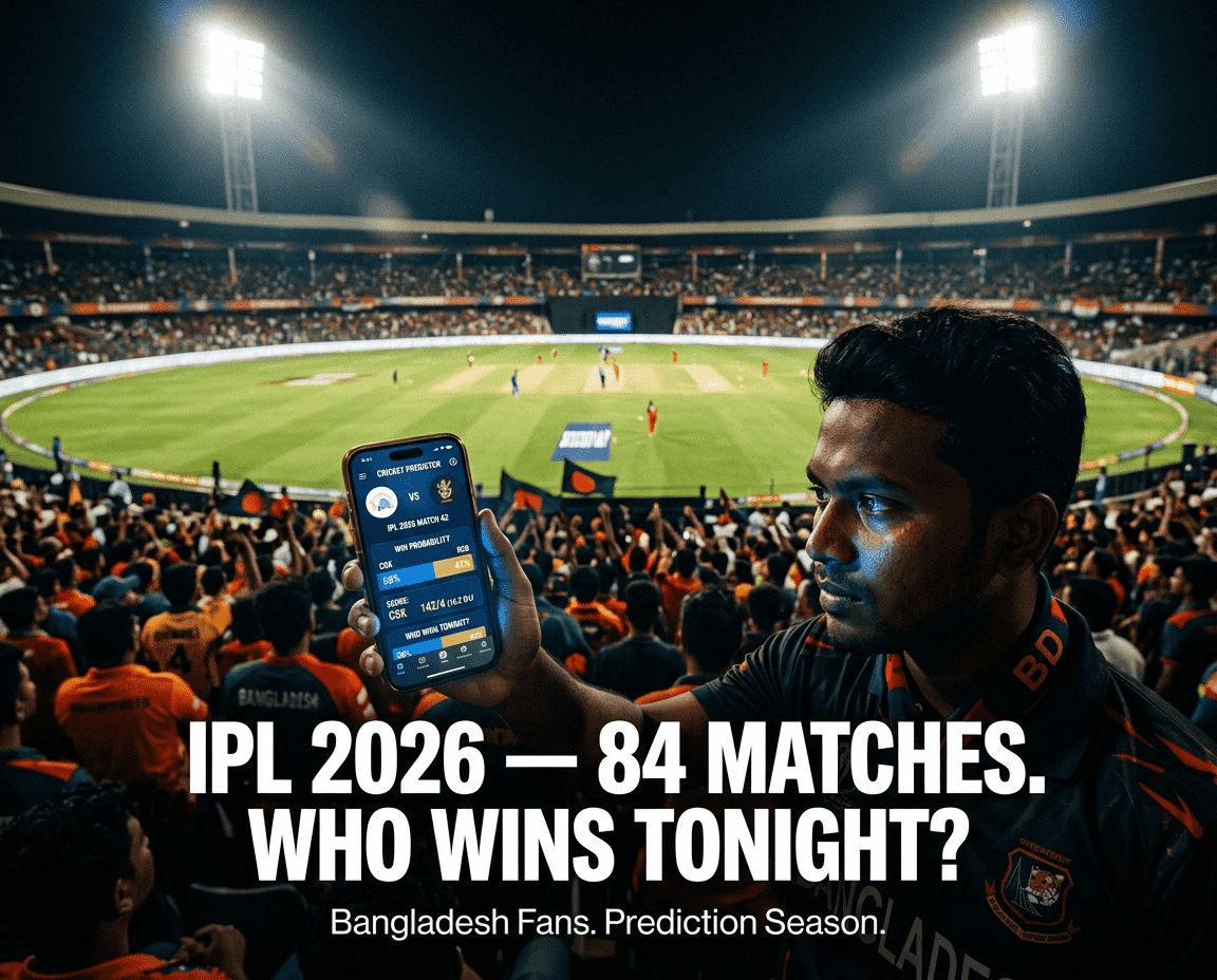 ক্রিকেট ম্যাচের সময় স্মার্টফোনে IPL 2026 প্রেডিকশন অ্যাপ দেখছেন একজন বাংলাদেশি ফ্যান।